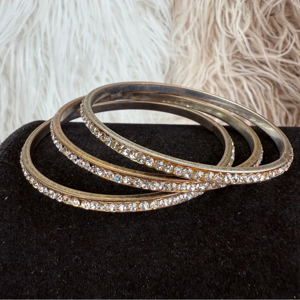 Vintage 3 Aged Silvertone Crystal Bangle Bracelet Set